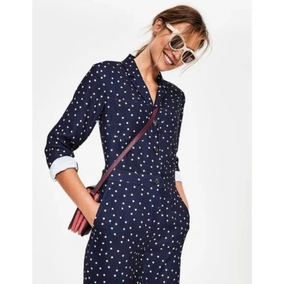 Boden Tillie Navy Blue Polka Dot Jumpsuit Long Sleeve Button Size 4 R US - Picture 5 of 7